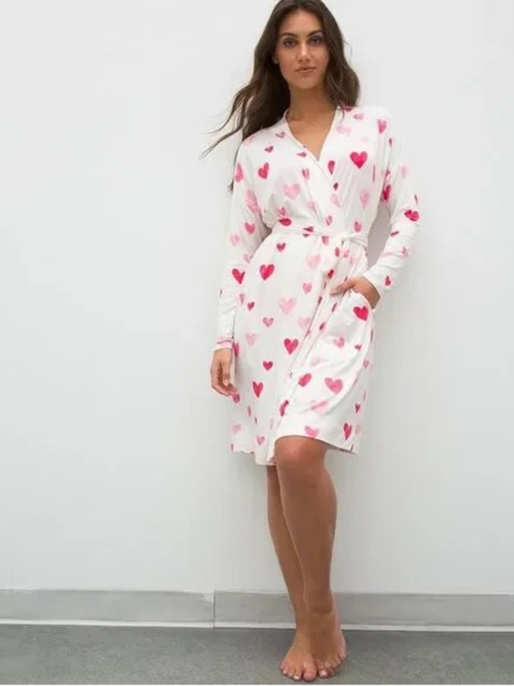 Soma White Wrap Robe with Pink Heart Print